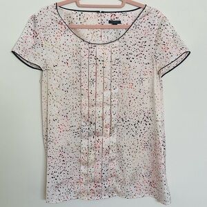 Ann Taylor Women's Speckled Cream/Black/Pink Pleated Short Sleeve Top Size 12
